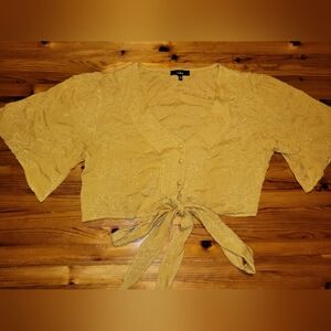 Lulu's Yellow Crop Blouse with Notched Collar and Tie Front